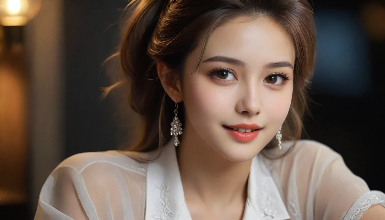 8k, 超High resolution, highest quality, masterpiece, Super realistic, photograph, 1 girl, (16 years old:1.3), pretty girl, Cute face, Beautiful eyes in every detail, Detailed, masterpiece, highest quality, Realistic, Very detailed, Finer details, High resolution, 8k wallpaper, One beautiful woman, Wear casual business attire, In a great restaurant, At night, Light brown messy hair, Perfect dynamic composition, Beautiful and beautiful eyes、Big earrings,Sexy pose、See through 、Look at the audience、beauty,Long neck、Smile a little、Please close your mouth and laugh、(((Ideal body proportions))),A cup small breasts :2,Portraiture:2、Perfect Anatomy、Vivid details、detailed、Super realistic、Light and shadow,Strong light,Fashion magazine cover,Thin lips