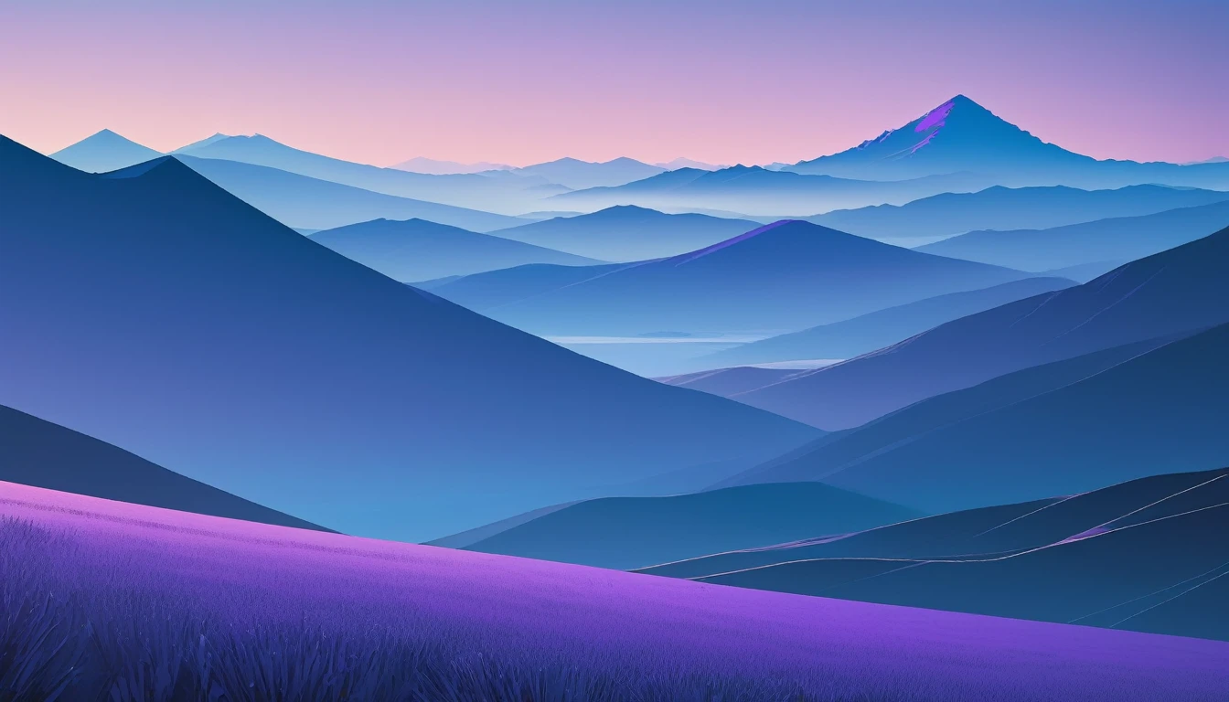 /I imagine a minimalist landscape consisting of geometric mountains, Rich layers of blue create a tranquil atmosphere, Dusk atmosphere. singleness, The thick line defines the horizon, The sky gradually changes from dark blue to lavender. HD, amazing, --with 9:16--250 type
