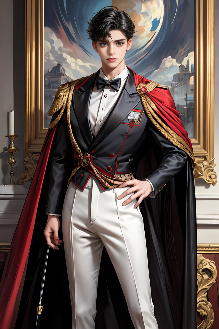 
masterpiece, 最high quality, high quality, 1 boy, alone, Male focus, Watching the audience,  Messy black hair, Adorable big blue eyes, White, Noble, Noble,A black and red cape that is bursting with sexy volume、Tuxedo、A very voluminous, large, very large, very large, long, long red and black cape with a high stand-up collar, made of a lot of fabric that reaches down to the floor., 17 years old,Cute beautiful boys,Cute, cute, kind, handsome guy