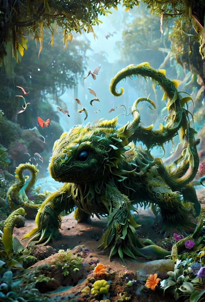 illustrious, Darling, kraken hatchling, dancing on leaves and flower petals made of g1h3r, grsw and covered in fractal vines, intricate details, colorful, magical, realism, hyperrealistic, fractalvines, 