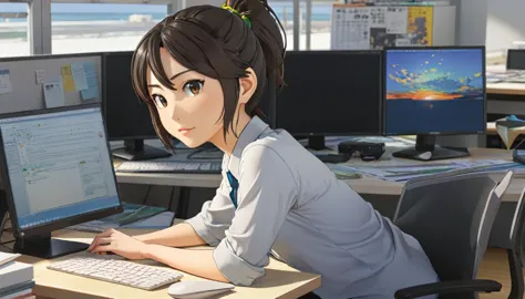 there is a woman sitting at a desk with a laptop and a monitor, japanese illustrator, detailed 2d illustration, makoto shinkai. ...