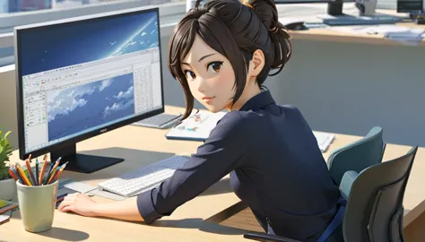 there is a woman sitting at a desk with a laptop and a monitor, japanese illustrator, detailed 2d illustration, makoto shinkai. ...