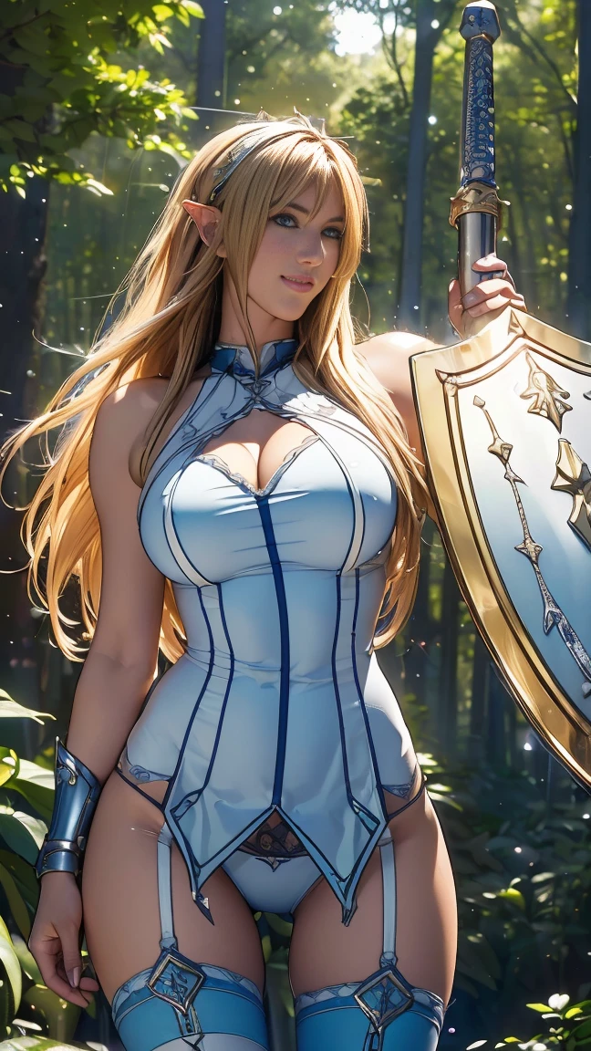 Browsing Caution,Sensual, Long blonde hair, Thick thighs, 8k, 4K, Highest quality, (High resolution:1.6), Cute anime face, Noise Reduction, (Sparkling Blue Eyes, A kind smile:1.3, Kind eyes:1.3)、Toned Abs, Muscular arms, Muscular legs,  Young Face, Anime Eyes, Sophitia Alexandra、(Sword in right hand:1.5)、(Equipped with a shield on the left arm:1.5)、(SFW Giant:1.9)、(Beautiful Nose:1.5)、Long tights、Knee-high boots、(garter belt:1.5)、Beautiful Hands、Beautiful fingers、(High cut thong:1.5),In the forest where goblins can be seen&#39;Study,