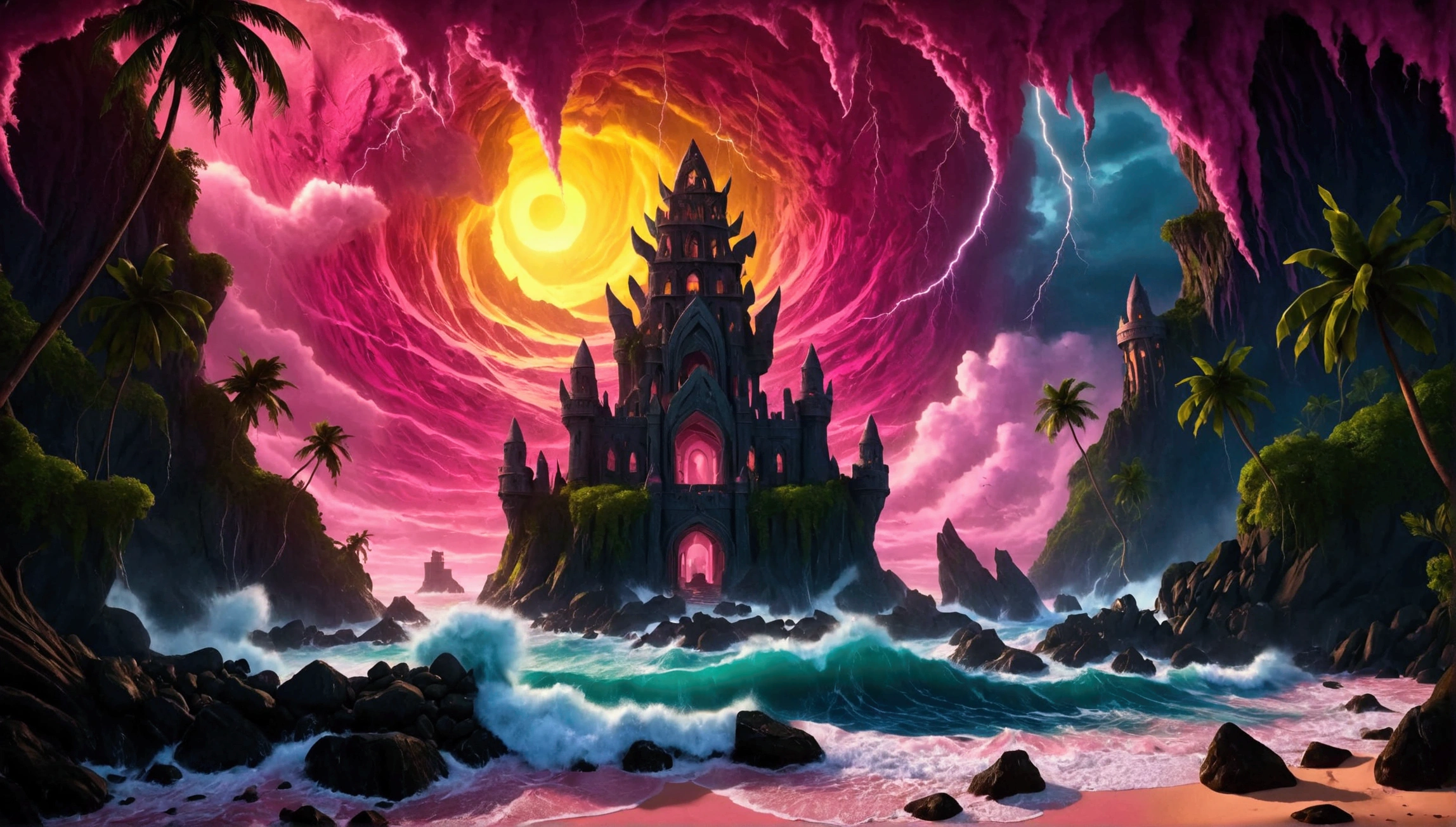 (Mysterious eerie tropical island citadel with intricate architecture:1.2), rocks and crushing waves), (yellow-pink thunderstorm with emerging eerie werewolf:1.3), masterpiece in maximum 16K resolution, best quality, ultra detailed, aesthetics, absurdes.
