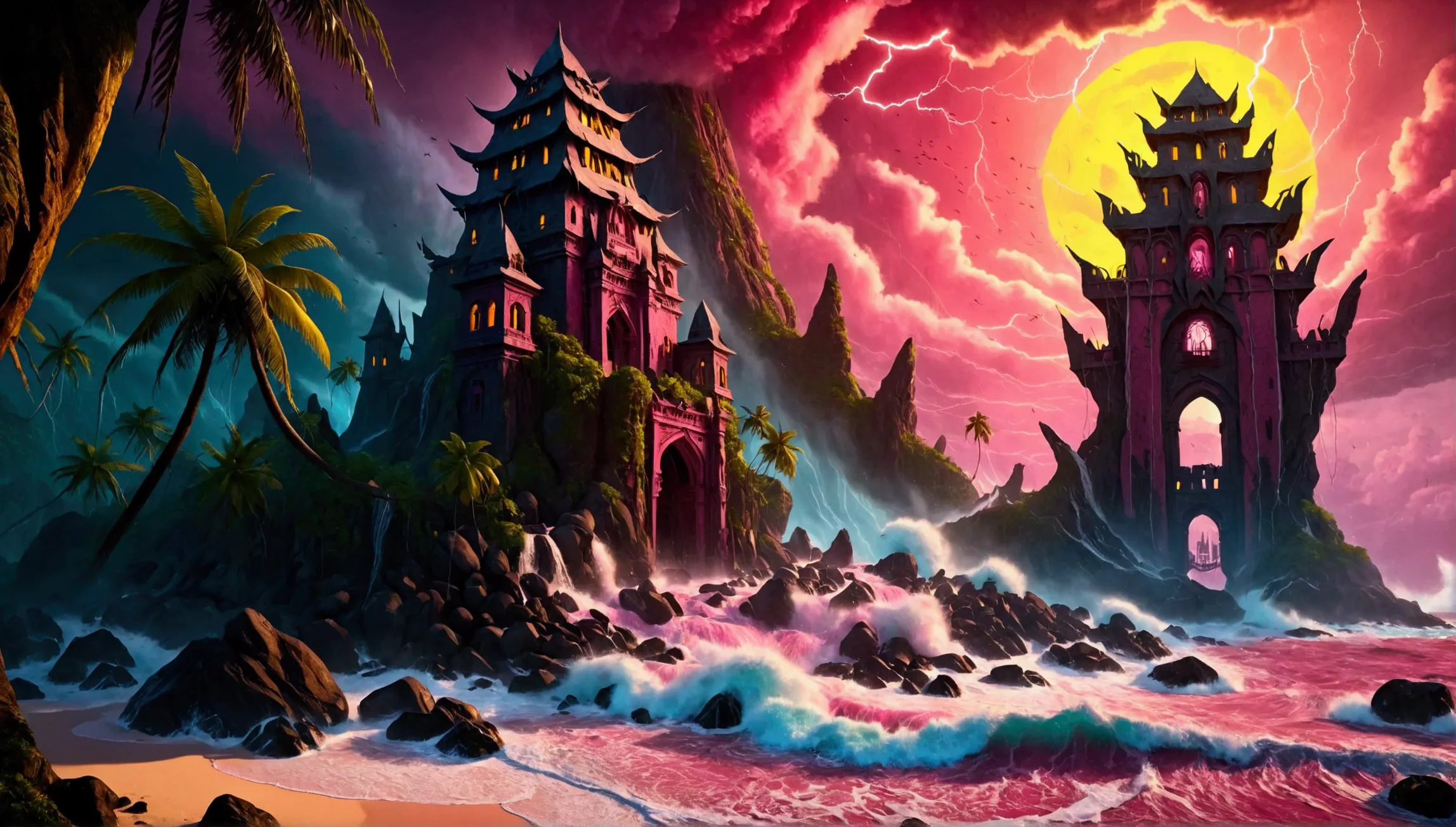 (Mysterious eerie tropical island citadel with intricate architecture:1.2), rocks and crushing waves), (yellow-pink thunderstorm...