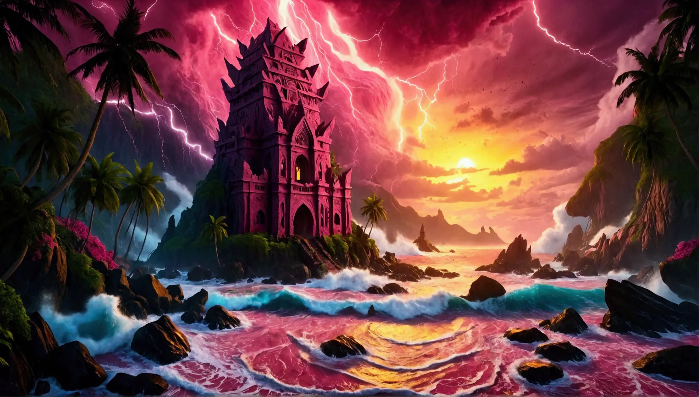 (Mysterious eerie tropical island citadel with intricate architecture:1.2), rocks and crushing waves), (yellow-pink thunderstorm...