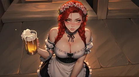 score_9, score_8_up, score_7_up, 1girl, (solo:1.1), from above, tavern wench, standing, bare shoulders, red hair, braids, large ...