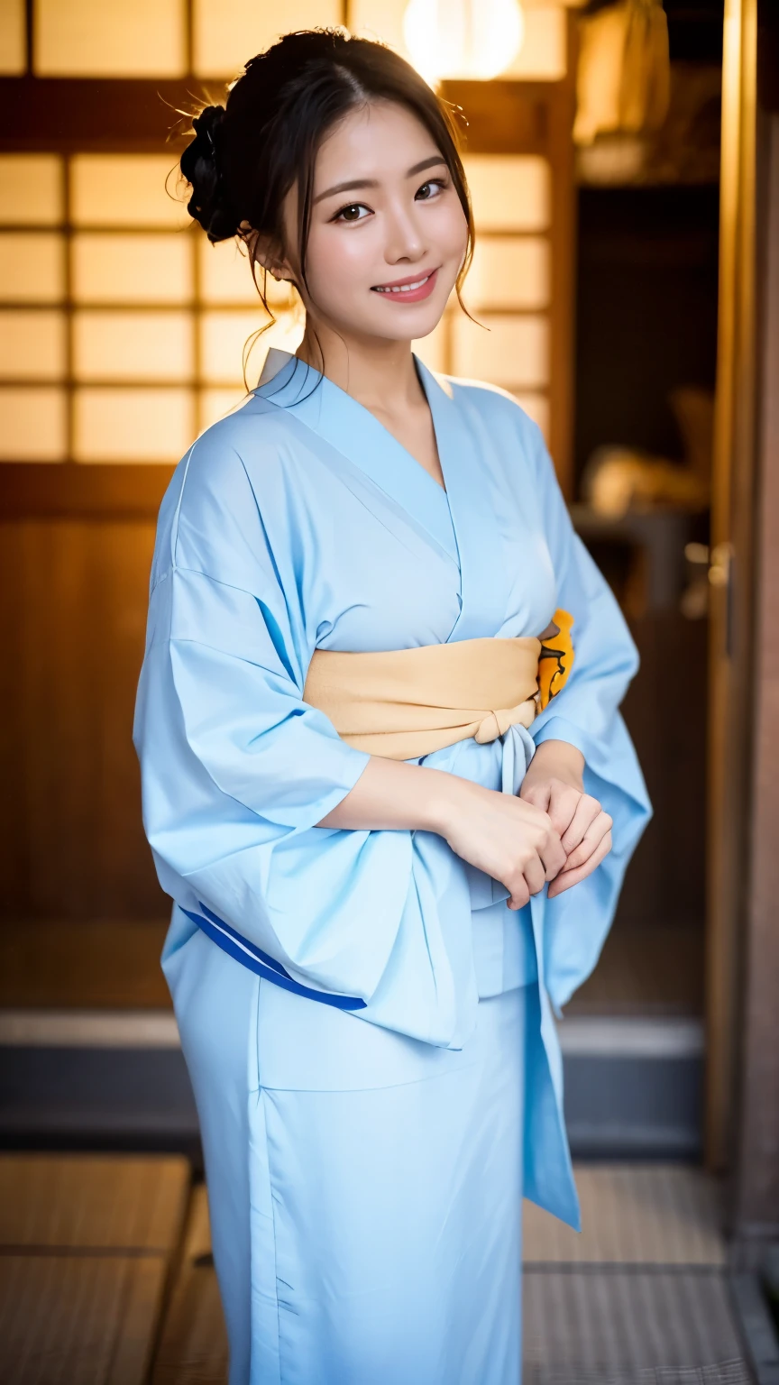 (((8k、High resolution、Highest quality、High resolution)))alone、Natural body shape、White skin、Natural Makeup、((I wear my hair up and short.))、(((Japanese Yukata)))、Japanese Kimono、(:1.4)、(())、(((((Full body photo)))))、(((Looking into the camera)))、(((A cool yukata with an elegant pattern)))、Hot Spring Town、(((lover))) 、(())、(())、(())、、、A look of shame、Smile of shame、(())