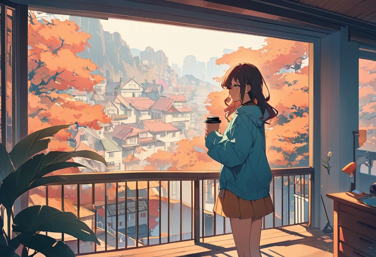 Girl standing on balcony with coffee in hand, cgsociety 9, Chill Hop, Alena Aenami and Artgerm, Makoto Shinkai and Artgelm, Lo-fi girl aesthetic, Anime Scenery, makoto shinkai and (Cain Kuga), Lo-fi aesthetic, Anime scenery, Anime Nature, roof backgrond, Anime Wallpaper