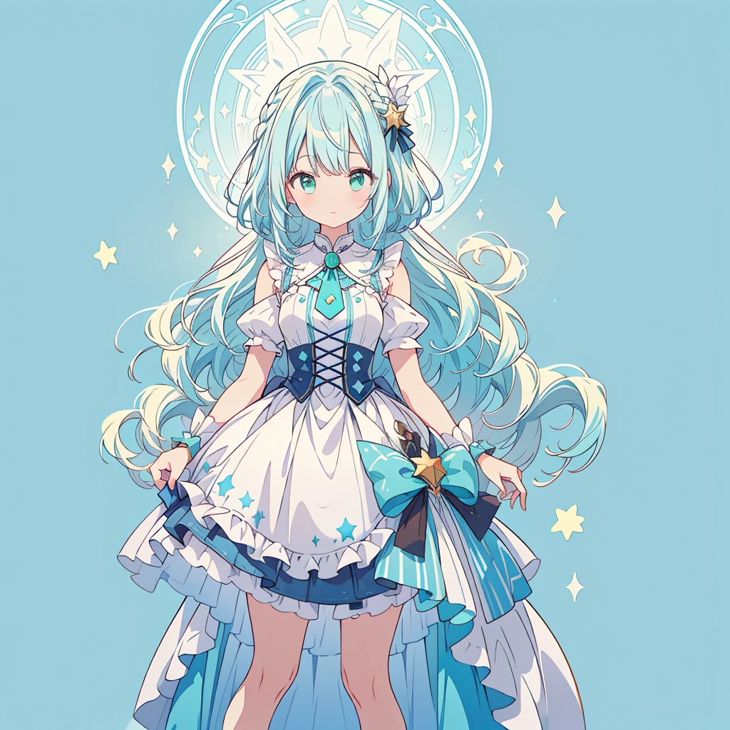 1girl、Star Fairy、Star incarnation、Character design front view、A picture facing the viewer、(((Super detailed、Highest quality、Masterpiece)))、Original cute hairstyle、Milky white and blue hair color、Simple Green Background、vtuber-fullbody,Alice、