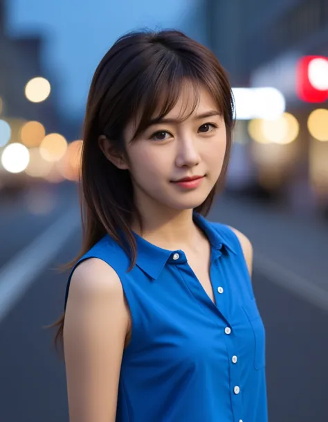 miss,japanese,blue shirt,sleeveless,realistic details, high resolution,bokeh,outstanding details