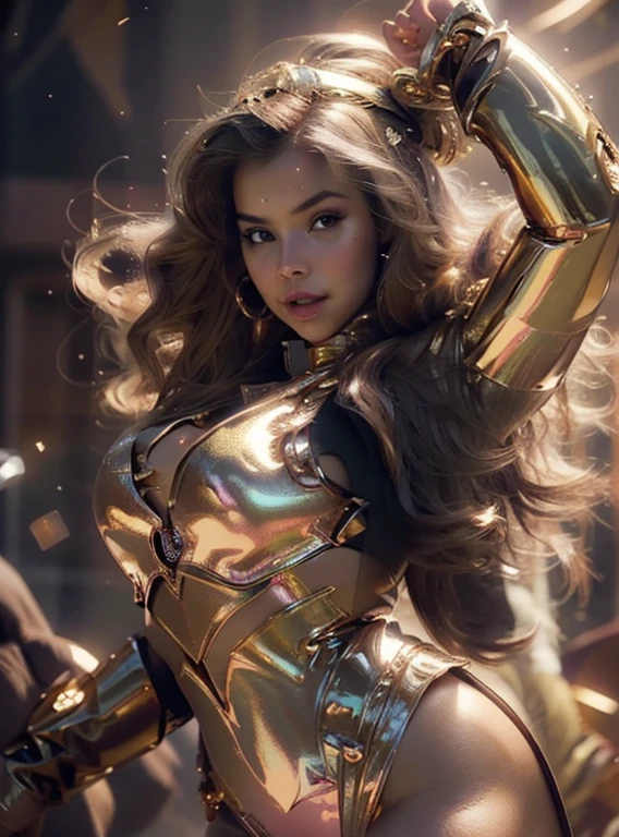 create a super beautiful photo of a semi chubby goddess, wearing a rose gold outfit with crown and halo, cinematic effect, extremely detailed, with intricate details, shinny, expensive, glorious, photorealistic, hyper realistic, glowing skin, gold holograpic shine effect on skin, HD quality, 8k, half body shot