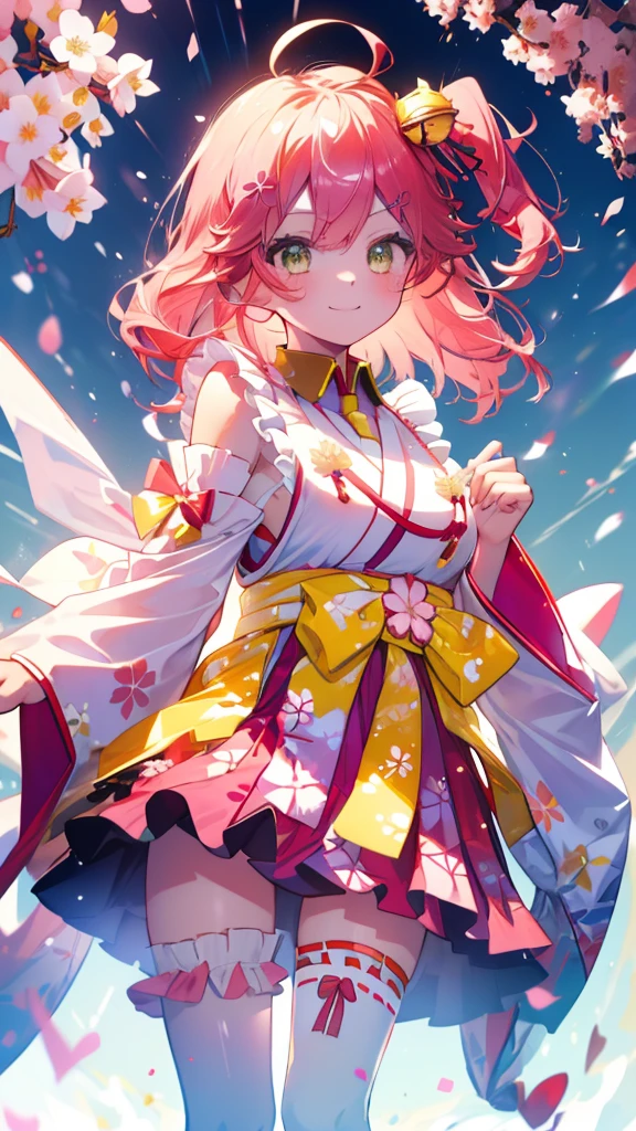 (Ultra-high resolution,masterpiece, Attention to detail, Highest quality), 8k,(MikoBase, long hair, ahoge, one side up, hair bell, cherry blossom print, nontraditional miko, frills, single thighhigh, bridal garter),(Blessed,Captivating body、Ultra-detailed skin、Super beautiful eyes、Detailed Background),One girl、 (cheerful ,enjoy :1.5),