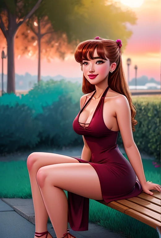 1girl, solo, julia, ((smile)), (college student, college age:1.4), intricate, absurdres, highest quality, extremely detailed, (detailed eyes:1.3), masterpiece, 8k UHD, 4k HDR, RAW photograph, wearing a ((sexy halter dress)), (strappy high heel sandals:1.2), perfect perky breasts, (hairflower, sunshine, beautiful atmosphere), sitting on a bench, film, analog film, sunset, hard light, soft light, dramatic lighting, neon lights, red light, blue light, green light, purple light, agfa ultra, classic chrome, ektachrome, eterna, fujicolor c200, kodachrome , kodak portra 400, fujicolor superia 1600, kodacolor, fujifilm xt3, film grain, polaroid, colored gels, depth of field, dim light, golden hour, color grading, bokeh, RAW