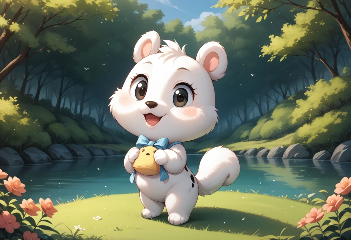 check_9, check_8_up, check_7_up, check_6_up, source_fluffy, check_safe, featuring, puppy, One, 1 baby, , sfw, fluffy, spotted body, bow, Tail, Cute, Short, beautiful eyes, cartoon, Flat color, simple shading, full length portrait, studio ghibli background, blurred background,