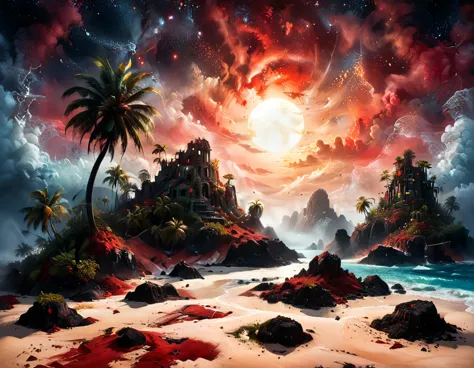 arafed, an oil painting of an island of mystery, an island of enigma, an island of secrecy, there some palm trees, white and red...