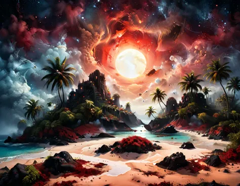 arafed, an oil painting of an island of mystery, an island of enigma, an island of secrecy, there some palm trees, white and red...