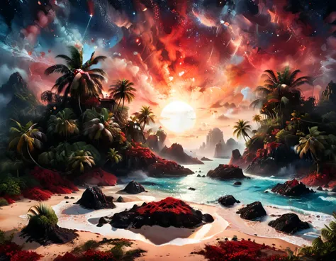 arafed, an oil painting of an island of mystery, an island of enigma, an island of secrecy, there some palm trees, white and red...