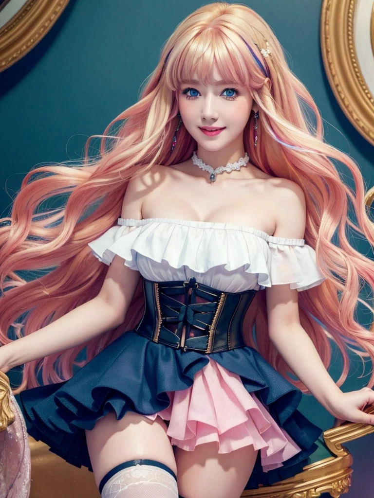  (Highest quality, 16K, masterpiece:1.55), Ultra detailed face, Detailed lips, Detailed eyes, double eyelid, 
BREAK (Happy smile), upper body, standing,
BREAK 1girl, 18years old, (full Breasts:1.4), Hourglass figure, (big hips:1.35), Svelte Body,
BREAK 1girl in, sherly nome, multicolored hair, blonde  hair, Pink hair, gradient hair long hair, blue eyes, Mature Woman, Looking at Viewer, Smile BREAK Strapless Dress, corset, Layered skirt, Knee socks, Exposing shoulders, 