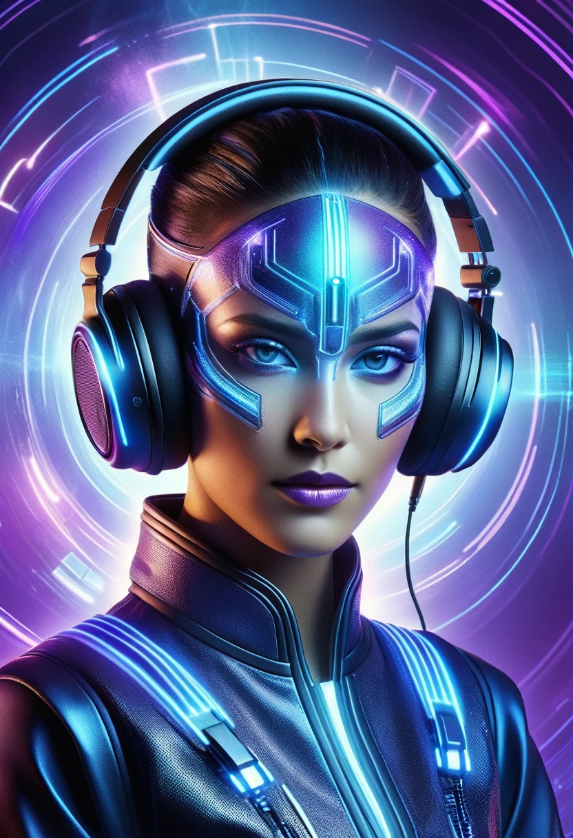 A highly detailed and vibrant image of a futuristic female DJ with headphones. The DJ's face is serene, with a mix of human and ethereal elements, glowing in shades of blue and purple. The background should be transparent, focusing solely on the DJ. 