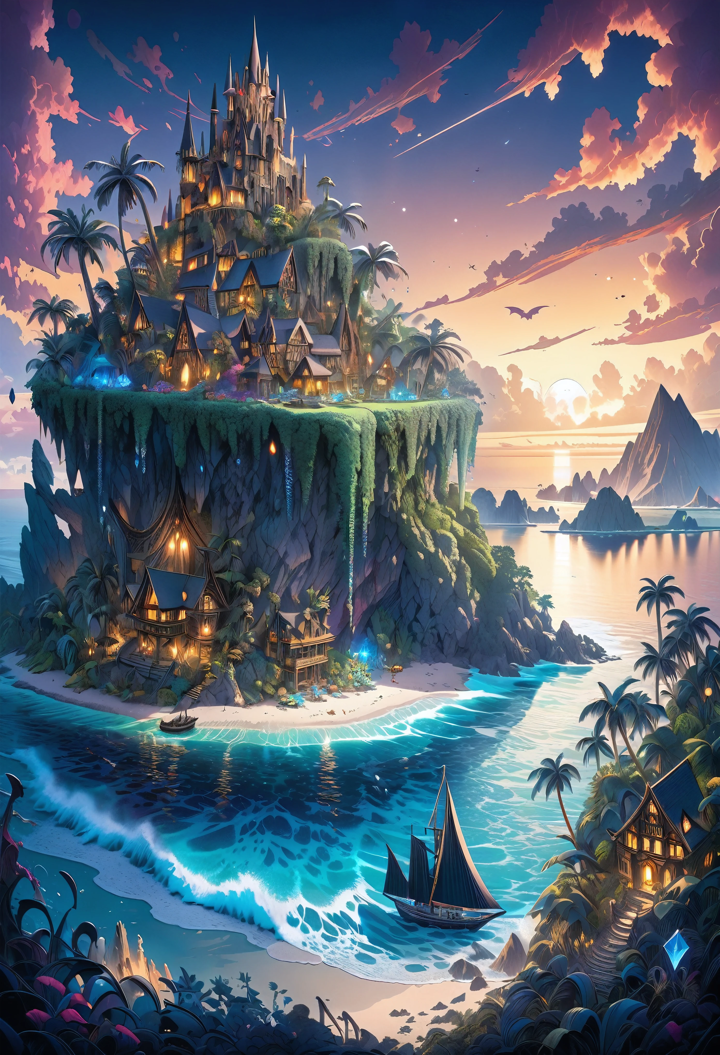 Super detailed, Super complicated, Extremely precise, Gothic fantasy meets crystal art, Mysterious Island, 