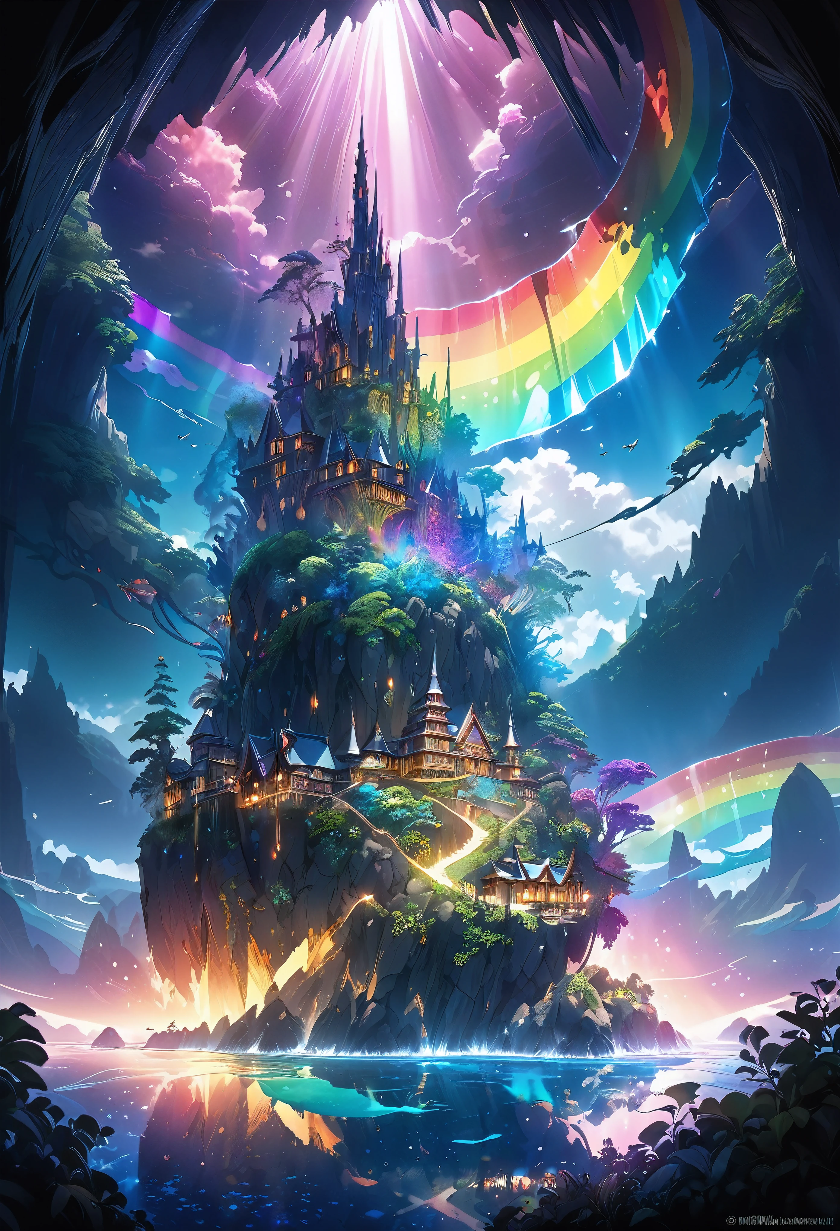 Super detailed, Super complicated, Extremely precise, Mysterious Island, Gothic fantasy meets crystal art, High transparency, Dark fantasy collaboration, Fantastic rainbow-colored mirror reflection, Transparent full color clear water, Sunlight casts a dramatic light on the island, BREAK Professional spray work, Extremely detailed and intricate brushwork, Detailed and clear depiction, Absurd aesthetics, 
BREAK Simply Beautiful, A dark background that makes the subject stand out, Dramatic light and shadow, Cinematic lighting for dramatic subject emphasis, A fusion of aesthetics and impact, 
BREAK Highest quality, Highest Resolution, Optimized Octane Rendering, super retina vision, 