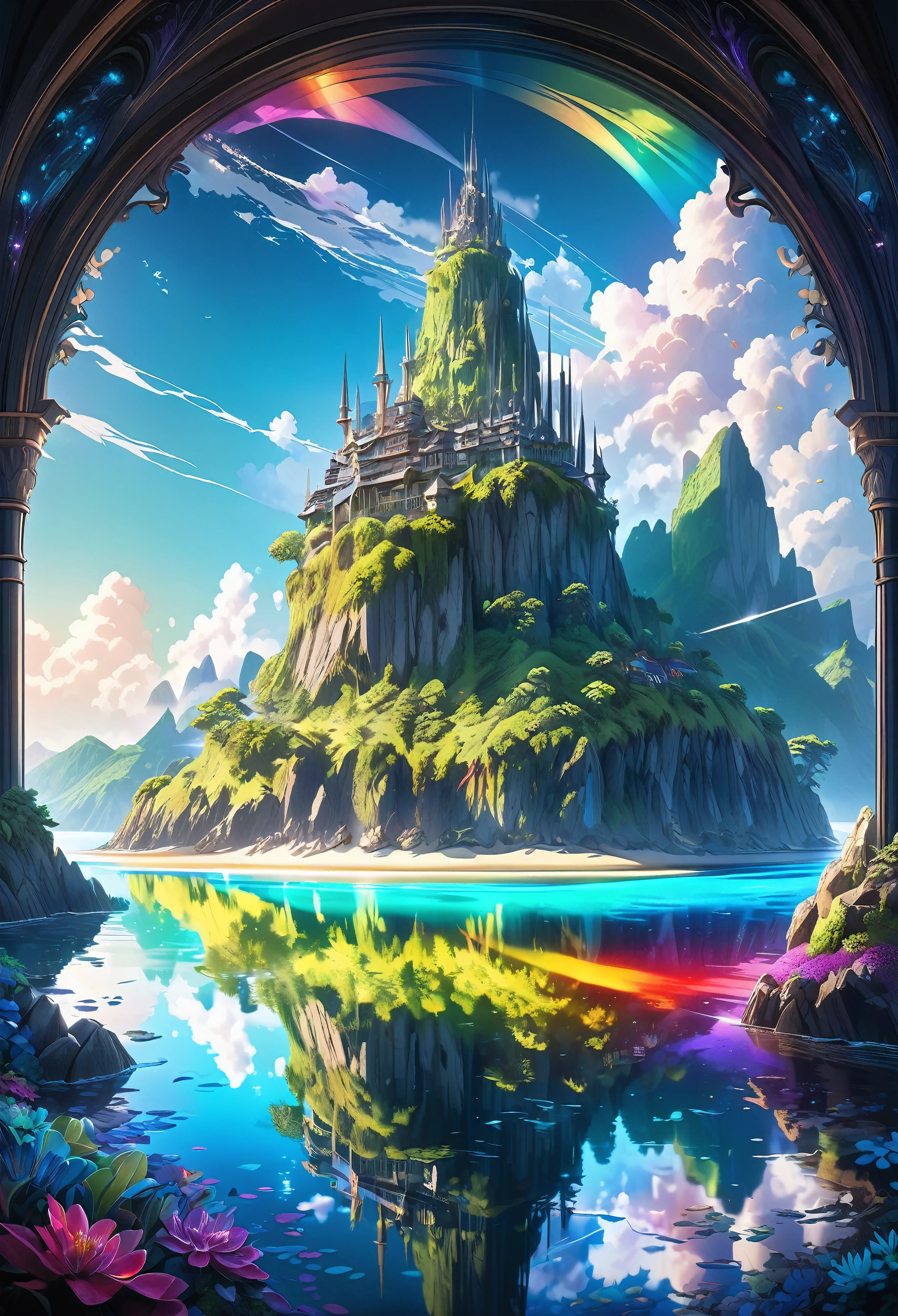 Super detailed, Super complicated, Extremely precise, Mysterious Island, Gothic fantasy meets crystal art, High transparency, Dark fantasy collaboration, Fantastic rainbow-colored mirror reflection, Transparent full color clear water, Sunlight casts a dramatic light on the island, BREAK Professional spray work, Extremely detailed and intricate brushwork, Detailed and clear depiction, Absurd aesthetics, 
BREAK Simply Beautiful, A dark background that makes the subject stand out, Dramatic light and shadow, Cinematic lighting for dramatic subject emphasis, A fusion of aesthetics and impact, 
BREAK Highest quality, Highest Resolution, Optimized Octane Rendering, super retina vision, 