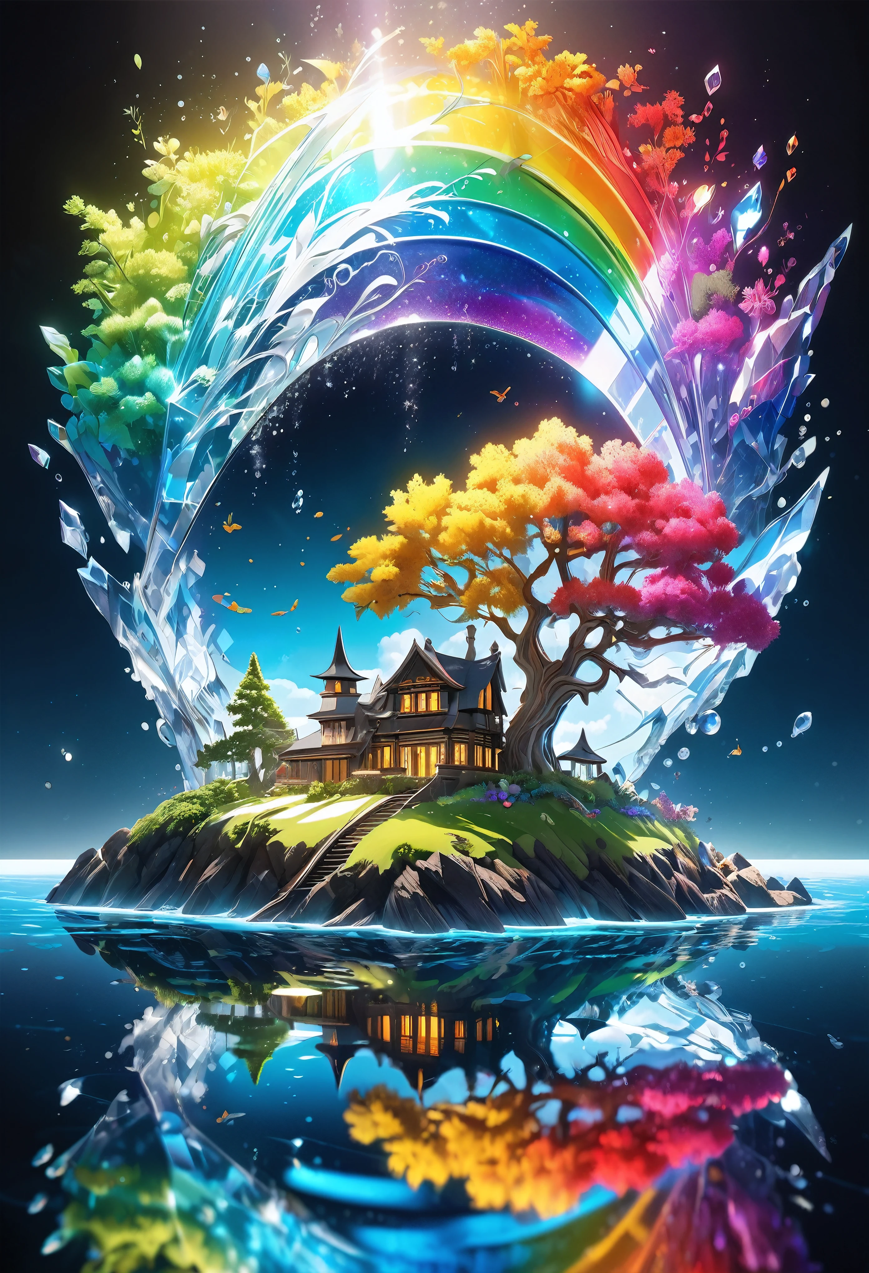 Super detailed, Super complicated, Extremely precise, Mysterious Island, Gothic fantasy meets crystal art, High transparency, Dark fantasy collaboration, Fantastic rainbow-colored mirror reflection, Transparent full color clear water, Sunlight casts a dramatic light on the island, BREAK Professional spray work, Extremely detailed and intricate brushwork, Detailed and clear depiction, Absurd aesthetics, 
BREAK Simply Beautiful, Mystery taken to the extreme, A dark background that makes the subject stand out, Dramatic light and shadow, Cinematic lighting for dramatic subject emphasis, A fusion of aesthetics and impact, 
BREAK Highest quality, Highest Resolution, Optimized Octane Rendering, super retina vision, 