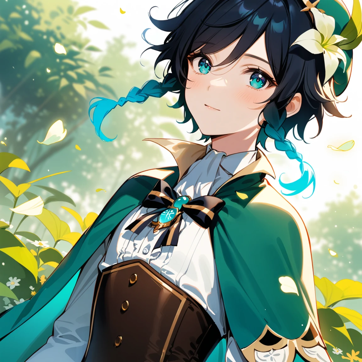 (best quality,4k,8k,highres,masterpiece:1.2),1boy,venti genshin impact,male focus,flat chest,ultra-detailed,realistic:.5,(dsmile:0.5),morning of spring,delicate light rays,rich color palette,elegant curves,effects of light and shadow,flower petals falling,springtime essence,ethereal atmosphere,peaceful garden background,morning dew,soft sunlight filtering through trees,lush plants,komorebi,vividly colored blossoms,transcendent beauty,awe-inspiring artwork,white long-sleeved shirt, brown corset,green shorts, white tights,green cape,hat,brooch,green eyes,wise and kind god,cinematic lighting, ray tracing, UHD, high details, high quality, award winning, super detail,wind magic