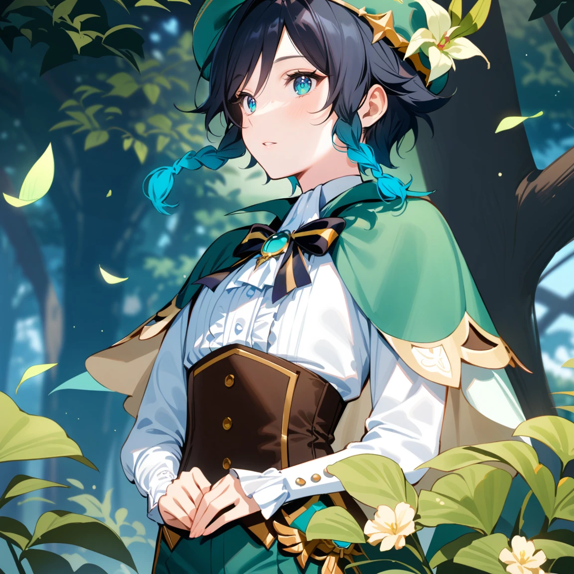 (best quality,4k,8k,highres,masterpiece:1.2),1boy,venti genshin impact,male focus,flat chest,ultra-detailed,realistic:.5,(dsmile:0.5),morning of spring,delicate light rays,rich color palette,elegant curves,effects of light and shadow,flower petals falling,springtime essence,ethereal atmosphere,peaceful garden background,morning dew,soft sunlight filtering through trees,lush plants,komorebi,vividly colored blossoms,transcendent beauty,awe-inspiring artwork,white long-sleeved shirt, brown corset,green shorts, white tights,green cape,hat,brooch,green eyes,wise and kind god,cinematic lighting, ray tracing, UHD, high details, high quality, award winning, super detail,wind magic