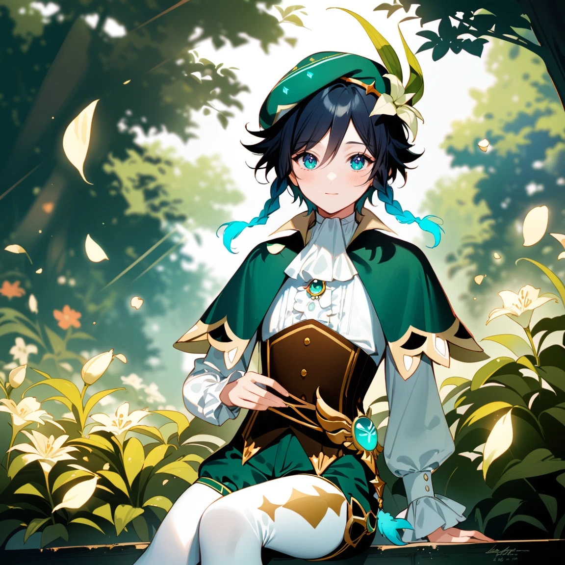 (best quality,4k,8k,highres,masterpiece:1.2),1boy,venti genshin impact,male focus,flat chest,ultra-detailed,realistic:.5,(dsmile:0.5),morning of spring,delicate light rays,rich color palette,elegant curves,effects of light and shadow,flower petals falling,springtime essence,ethereal atmosphere,peaceful garden background,morning dew,soft sunlight filtering through trees,lush plants,komorebi,vividly colored blossoms,transcendent beauty,awe-inspiring artwork,white long-sleeved shirt, brown corset,green shorts, white tights,green cape,hat,brooch,green eyes,wise and kind god,cinematic lighting, ray tracing, UHD, high details, high quality, award winning, super detail,wind magic