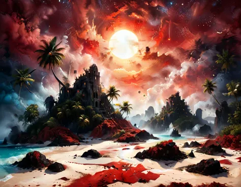 arafed, an oil painting of an island of mystery, an island of enigma, an island of secrecy, there some palm trees, white and red...