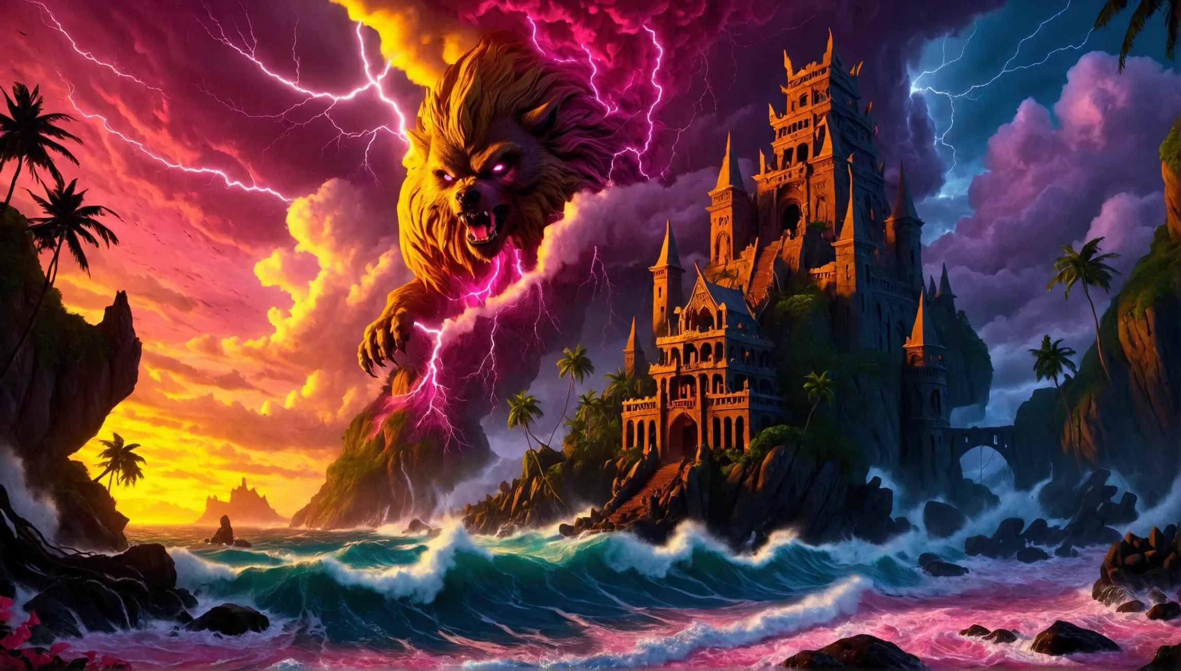 (Mysterious eerie tropical island citadel with intricate architecture:1.2), rocks and crushing waves), (yellow-pink thunderstorm...