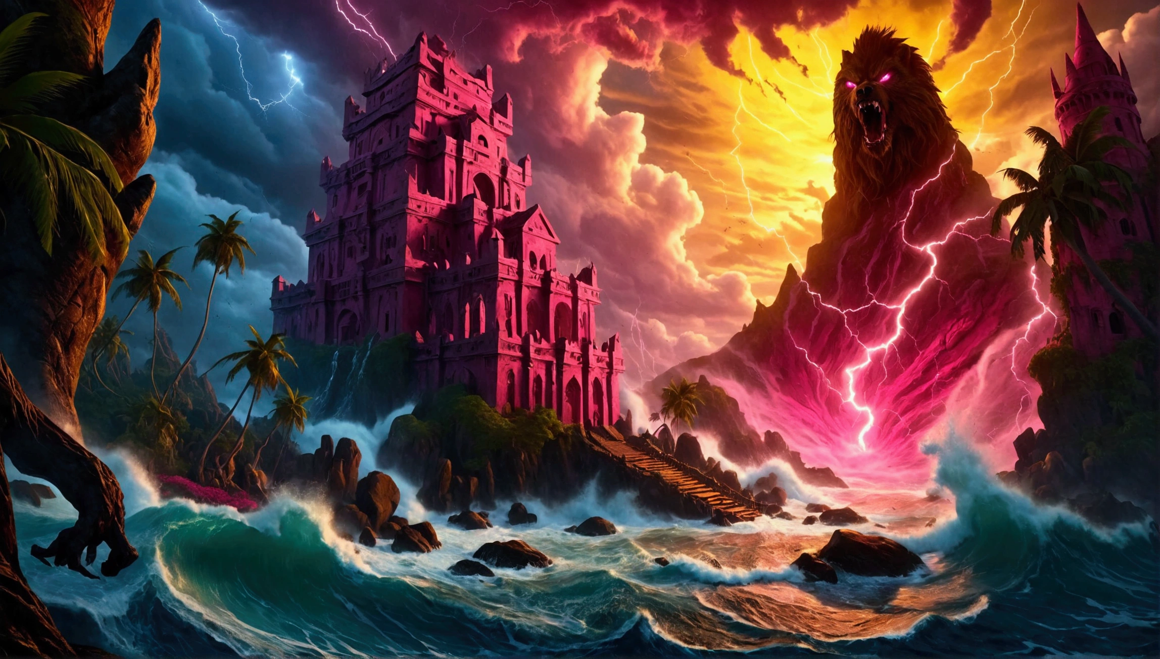 (Mysterious eerie tropical island citadel with intricate architecture:1.2), rocks and crushing waves), (yellow-pink thunderstorm with eerie werewolf face in the clouds:1.3), masterpiece in maximum 16K resolution, best quality, ultra detailed, aesthetics, absurdes.
