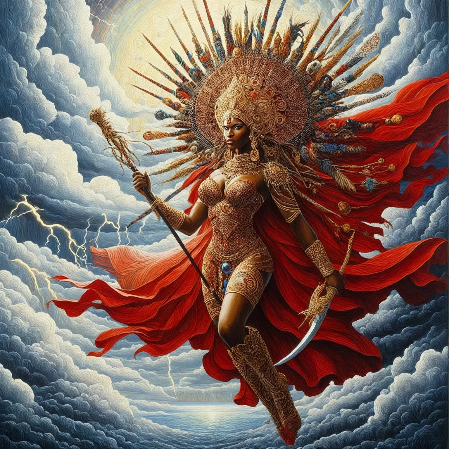 ein Gemälde einer Frau mit einem Schwert und einem roten Umhang, dark skin female Göttin of love, por Mati Klarwein, extremely detailed Göttin shot, Göttin. extrem hohe Details, inspiriert von Mati Klarwein, Göttin of lightning, Ägyptischer Gott Sturm, ilm, a stunning portrait of a Göttin, as the Göttin of the sun, Göttin art, Die Klarwein e Moebius