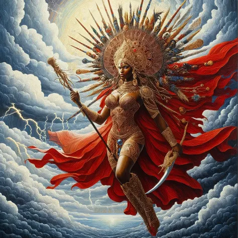 a painting of a woman with a sword and a red cape, dark skin female goddess of love, por Mati Klarwein, extremely detailed godde...