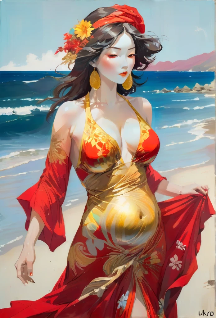 A stunning oil painting capturing the essence of the beach, featuring a bohemian woman with a voluptuous figure clad in a bold and vibrant red, gold. The dress features a plunging neckline, fashion, photo, portrait photography, ukiyo-e