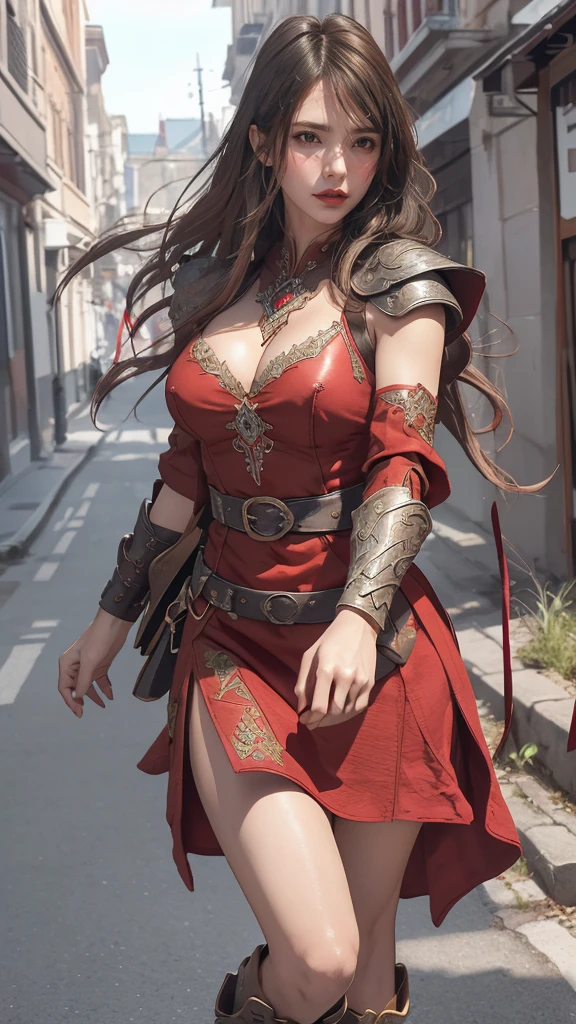 looking back,(fighting pose),(leather boots,(asymmetrical armor),(long embroidered cute dress,see through,lift up the hem of the red dress)),(random hairstyle),(Thin type:1.5),(large breasts),(Highest image quality,(8K), Ultra-realistic, Best Quality, High quality, High Definition, high quality texture, high detailing, Beautiful detailed, fine detailed, extremely details CG, Detailed texture, realistic representation of face, masterpiece, presence)
