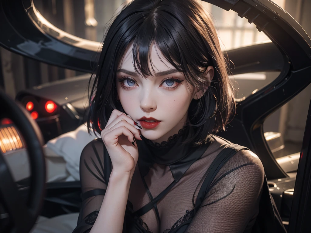 (best quality,highres),(realistic:1.37),dark,goth,woman, eyes,detailed face,black clothes,bobcut black hair,straight bangs,pale skin,red lipstick,intense expression,mysterious atmosphere,gothic background,dim lighting,night,vivid colors, fishnets, topless, fullbody, on her hands and knees, submissive girl, thick thigs, imminent deepthroat, cumshot pose,