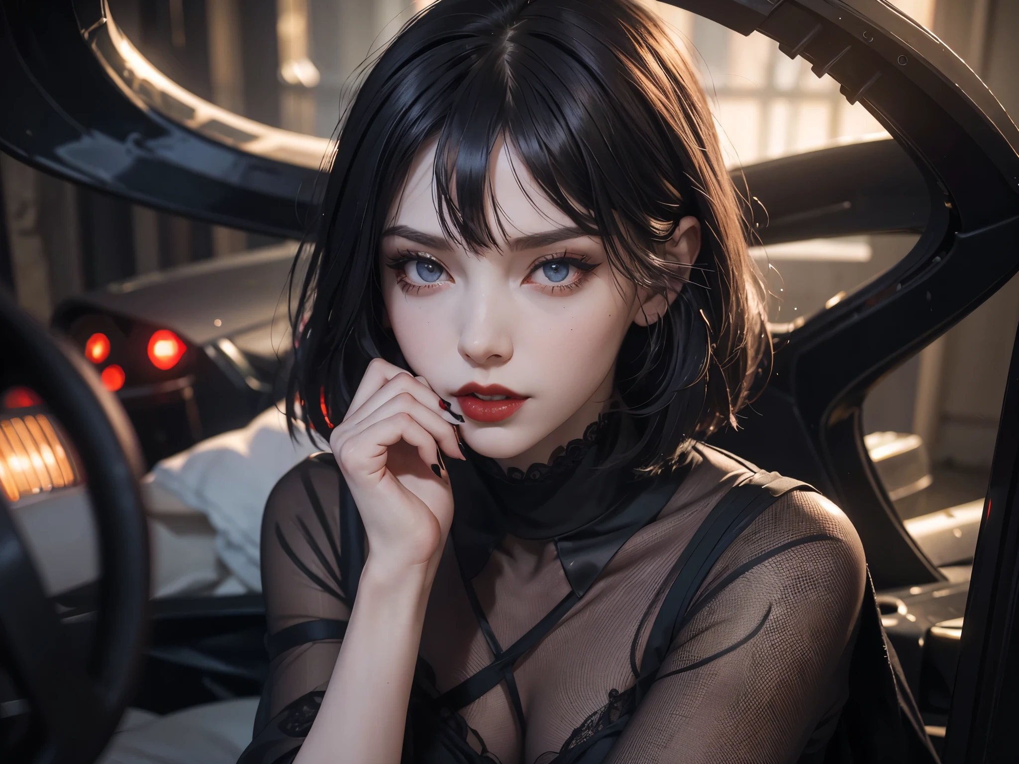 (best quality,highres),(realistic:1.37),dark,goth,woman, eyes,detailed face,black clothes,bobcut black hair,straight bangs,pale skin,red lipstick,intense expression,mysterious atmosphere,gothic background,dim lighting,night,vivid colors, fishnets, topless, fullbody, on her hands and knees, submissive girl, thick thigs, imminent deepthroat, cumshot pose,