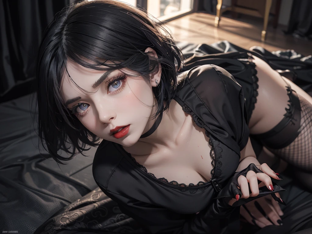 (best quality,highres),(realistic:1.37),dark,goth,woman, eyes,detailed face,black clothes,bobcut black hair,straight bangs,pale skin,red lipstick,intense expression,mysterious atmosphere,gothic background,dim lighting,night,vivid colors, fishnets, topless, fullbody, on her hands and knees, submissive girl, thick thigs, imminent deepthroat, cumshot pose,