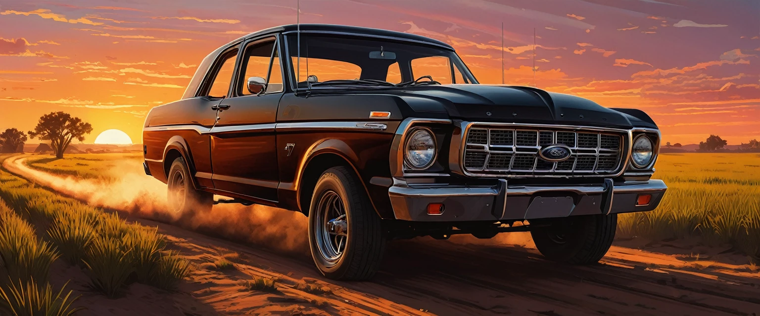 stylized digital art featuring a black Ford T driving down a dusty dirt road through a field during sunset. The sky is painted in warm shades of orange, yellow and red, with the sun low on the horizon. The car is portrayed from the corner, with its shiny black bodywork. Its wheels are classic, with a white stripe, rubberized tire and shiny metal rim that reflects the light of the setting sun. The car's headlights are on. The field is filled with tall grass that sways in the wind. The grass is represented in shades of green and brown, with some lighter areas, which could be an artistic choice to emphasize the intensity of the scene. The overall art style is reminiscent of comic book art, with bold lines and a limited color palette that enhance the dramatic effect of the scene. Art by Dechko Uzunov, highly detailed vector art, Red Dead Redemption art style, at sunset, comic book art, digital Ford T, Martin Ansin, by Evan Charlton, sunset!, by Eddie Mendoza, sunset illustration sun, featured art, digital colorful illustration, (masterpiece), best quality