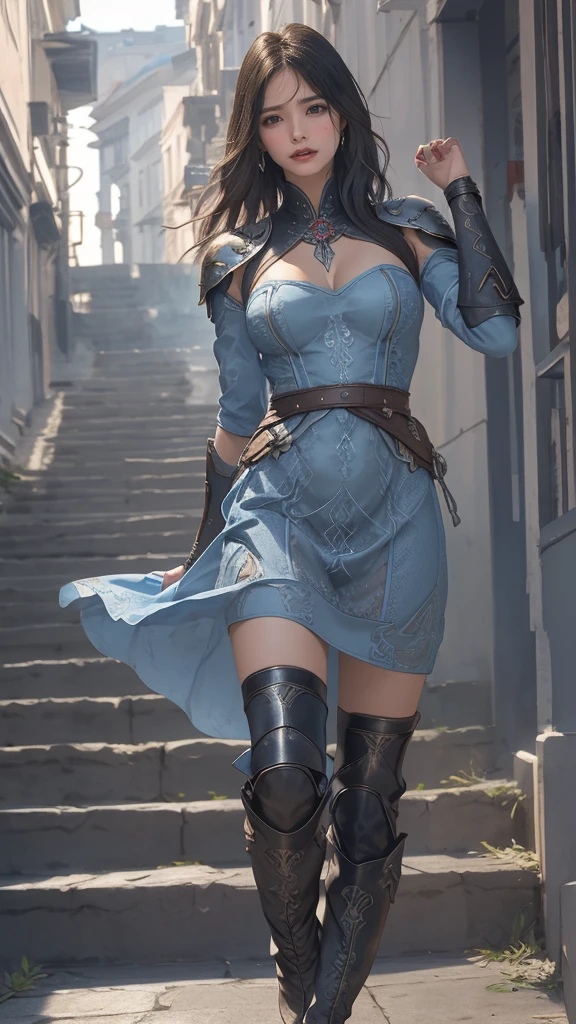 looking back,(fighting pose),(leather boots,(asymmetrical armor),(long embroidered cute dress,see through,lift up the hem of the Blue dress)),(random hairstyle),(Thin type:1.5),(large breasts),(Highest image quality,(8K), Ultra-realistic, Best Quality, High quality, High Definition, high quality texture, high detailing, Beautiful detailed, fine detailed, extremely details CG, Detailed texture, realistic representation of face, masterpiece, presence)
