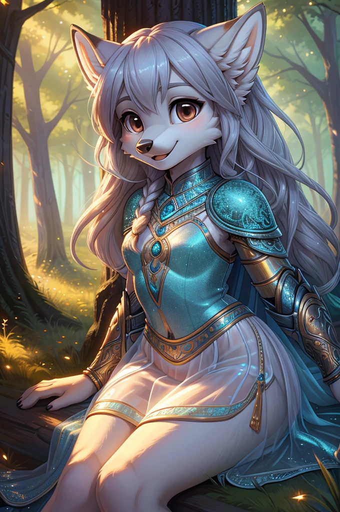 beautiful, (masterpiece), high quality, Highly detailed CG Unity 8k wallpaper, High resolution, perfect lighting, youthful, adolescent, slim, skinny, frail slender figure, slim legs, young, small, short, anthropomorphic furry wolf princess, narrow hips, long legs, thick, fluffy, fuzzy, soft, messy volumetric fur, midnight blue and silver fur, shimmering with starlight, deep brown eyes, long flowing silver hair with intricate braids, straight cut bangs, wearing intricate metal armour with turquoise gems, sheer white silk gown fitting to figure between armour plates, detailed close up embroidery, casual yet regal, dark thick defined eyebrows.

Head slightly tilted back, content smile, inviting and serene expression. Open mouth. Visible breath exhale, cold breath visible. Hands tracing waist and hips, legs apart, submissive pose. Close low intimate angle. Detailed beautiful symmetrical face. 

Scene: laying down on the grass in an enchanted forest, ethereal glow illuminating her slender figure, creating a magical, romantic atmosphere.