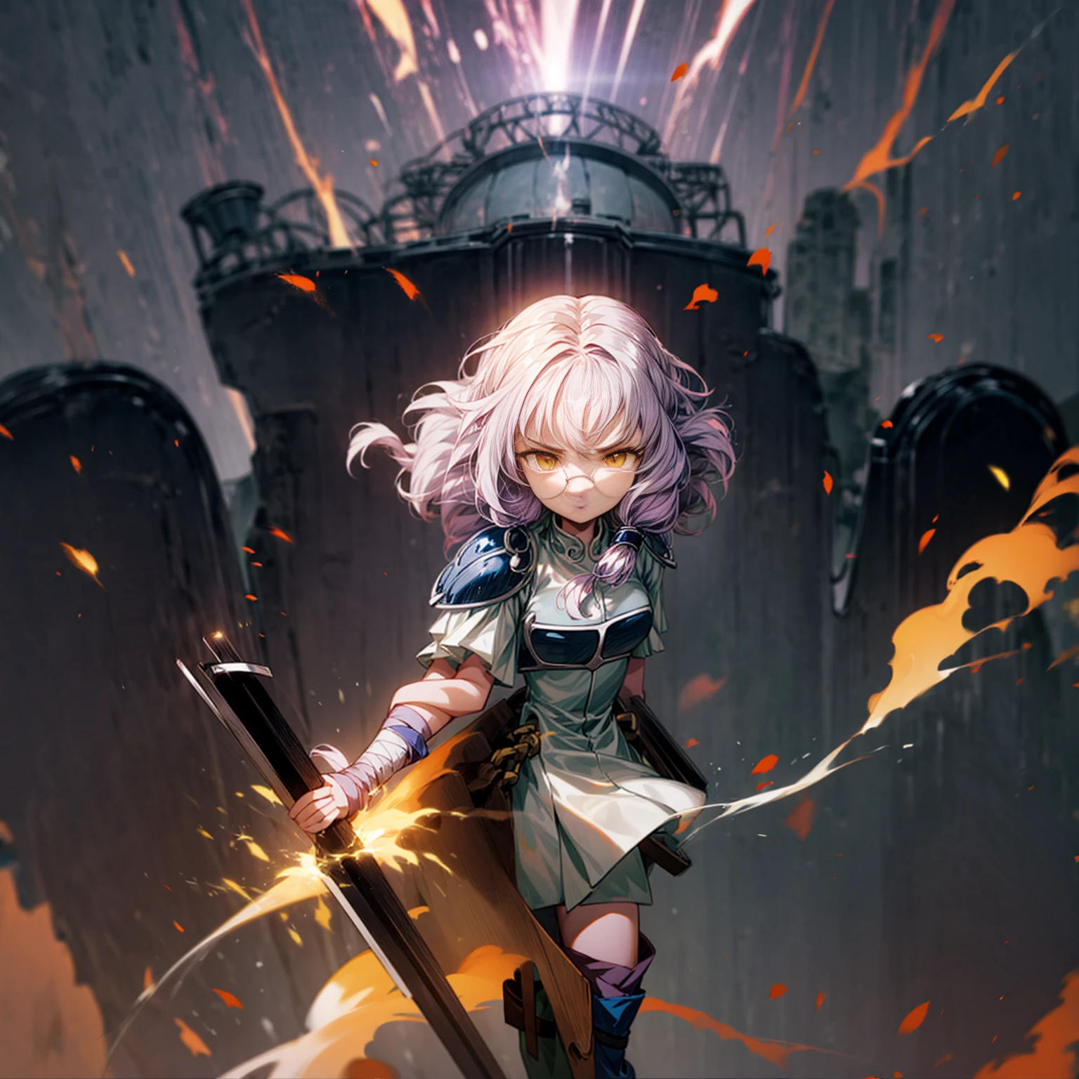 1tall girl, 1character, gold eyes, long Curly haircut, lavender color hair, army style clothing, white glasses, Long socks, boots army,  full iron armor, bandage on hand, Grassroots, background in top of the building, motion blur, (dragon ball style art), Big robot gun in hand, smoke effect, aura effect, Fire, lighting fire, plasma effect, fire city, (half body view version, angry eyes)