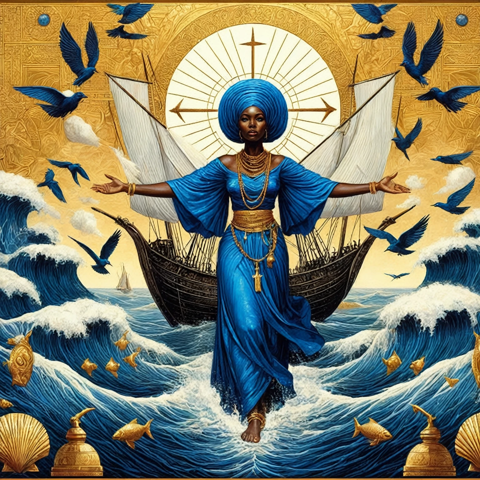 a close-up of a painting of an Afro-descendant woman (Nigerian, extremely beautiful) in a blue dress, patron saint of 🛸🌈👩🏾, kemético, dark-skinned female goddess of love, kemético symbolism, mother of the month, Afrocentric mysticism, por Thomas Blackshear, Epic 3D Yemaya, wind egyptian god, Nubian, Egyptian god storm, goddess of the sea, afrofuturism