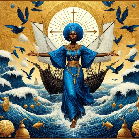 a close-up of a painting of an Afro-descendant woman (Nigerian, extremely beautiful) in a blue dress, patron saint of 🛸🌈👩🏾, kemé...