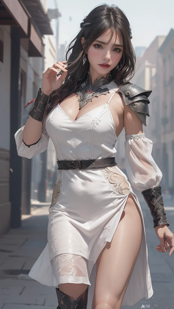 looking back,(fighting pose),(leather boots,(asymmetrical armor),(long embroidered cute dress,see through,lift up the hem of the BLACK &White dress)),(random hairstyle),(Thin type:1.5),(large breasts),(Highest image quality,(8K), Ultra-realistic, Best Quality, High quality, High Definition, high quality texture, high detailing, Beautiful detailed, fine detailed, extremely details CG, Detailed texture, realistic representation of face, masterpiece, presence)
