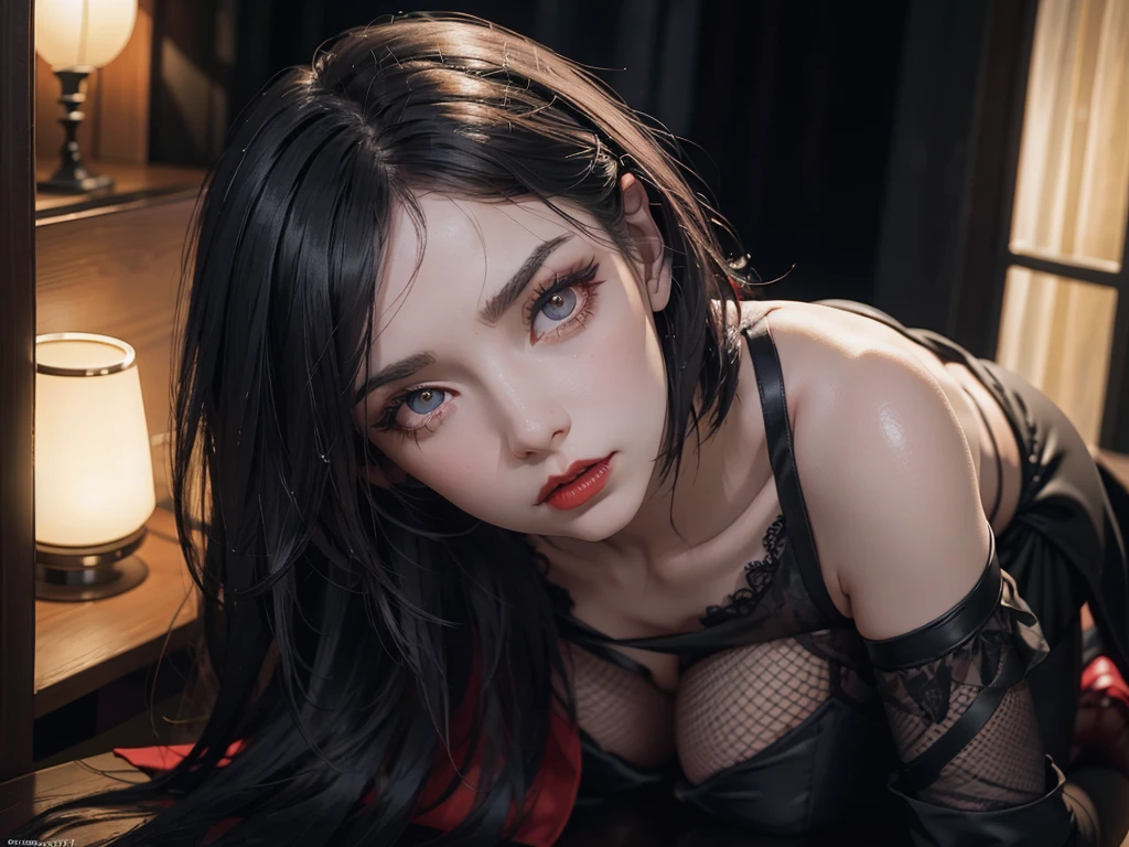 (best quality,highres),(realistic:1.37),dark,goth,woman, eyes,detailed face,black clothes,bobcut black hair,straight bangs,pale skin,red lipstick,intense expression,mysterious atmosphere,gothic background,dim lighting,night,vivid colors, fishnets, topless, fullbody, on her hands and knees, submissive girl, thick thigs, imminent deepthroat, cumshot pose,