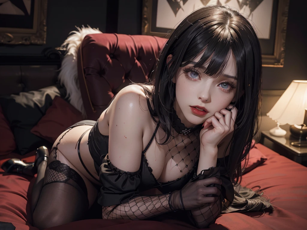 (best quality,highres),(realistic:1.37),dark,goth,woman, eyes,detailed face,black clothes,bobcut black hair,straight bangs,pale skin,red lipstick,intense expression,mysterious atmosphere,gothic background,dim lighting,night,vivid colors, fishnets, topless, fullbody, on her hands and knees, submissive girl, thick thigs, imminent deepthroat, cumshot pose,